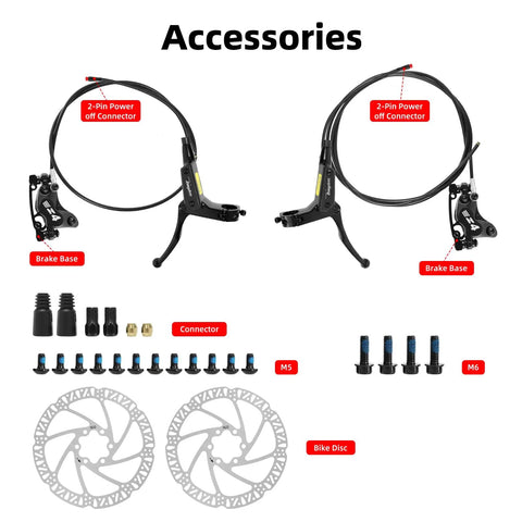 Hydraulic Disc Brake Set For E Bike, 4 Piston 2 Pin, Pre Bleed With Mineral Oil, accessories including 160mm rotors and connectors.