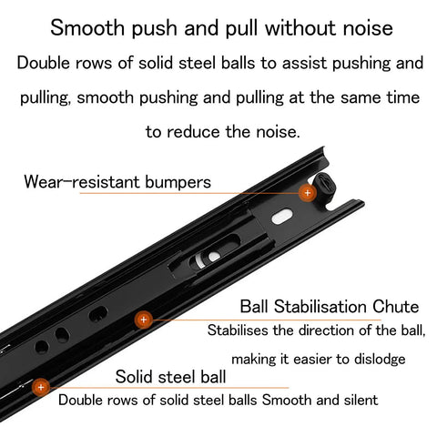 Close-up of Bulk Thirty Pair Full Extension Ball Bearing Side Mount Cabinet Drawer Slides featuring smooth push and pull with solid steel balls.
