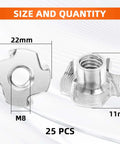 Heavy Duty M8 Tee Nuts 10mm Barrel 304 Stainless Steel Four Pronged Threaded Inserts, 22mm wide, 11mm tall, 25 pack for woodworking and climbing.