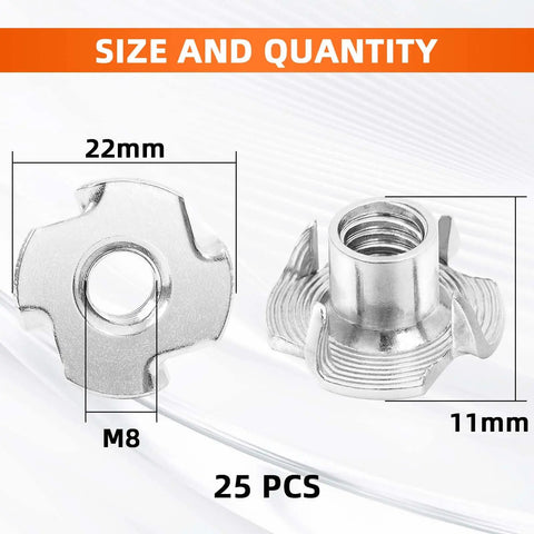 Heavy Duty M8 Tee Nuts 10mm Barrel 304 Stainless Steel Four Pronged Threaded Inserts, 22mm wide, 11mm tall, 25 pack for woodworking and climbing.
