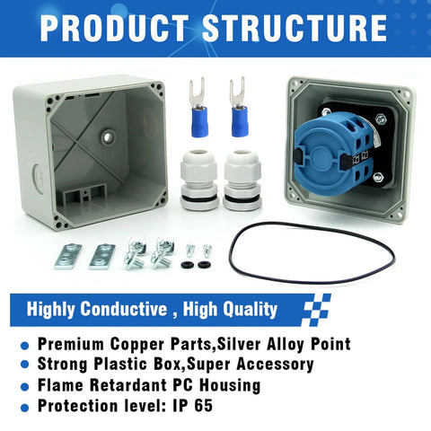 High Current 25A Rotary Changeover Switch For Solar Power Rig Setup With Exterior Box and accessories, IP65 protection