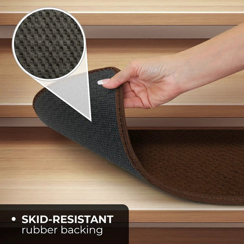 Close-up of skid resistant carpet stair treads set of 15 in chocolate brown showing no slip grip rubber backing detail.