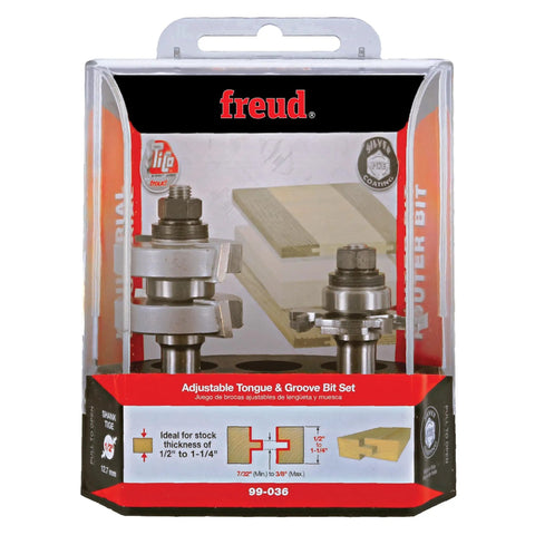 One And Three Quarter Inch Adjustable Tongue And Groove Router Bit Set Pro Grade With Seven Eighths Inch Bearing And Half Inch Shank