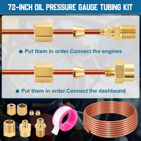 4 Pack 72 Inch Oil Pressure Gauge Tubing Kit With Sensor Adapter 1/8-27 NPT, 45 Degree Street Elbow, brass fittings shown