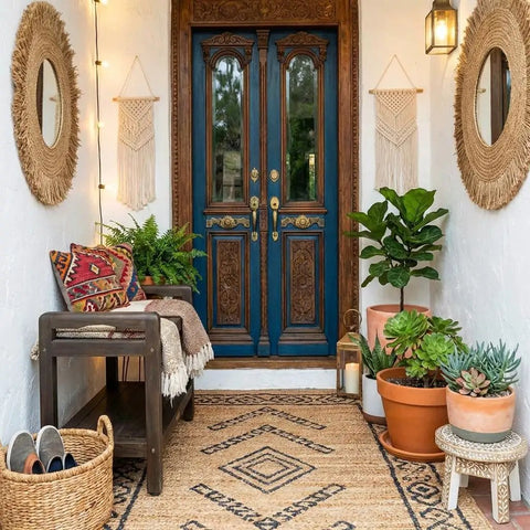 Charming entryway with woven rug, potted plants, and decorative mirrors flanking a wooden bench and ornate blue double doors.