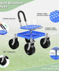 Height Adjustable Gardening Rolling Seat With 360 Degree Swivel And Tool Tray Comfortable On Wheels Stool For Back Saving Work In The Garden Ideal For Gardeners And Seniors Blue, showing blue rattan seat, steel frame, and wheels.