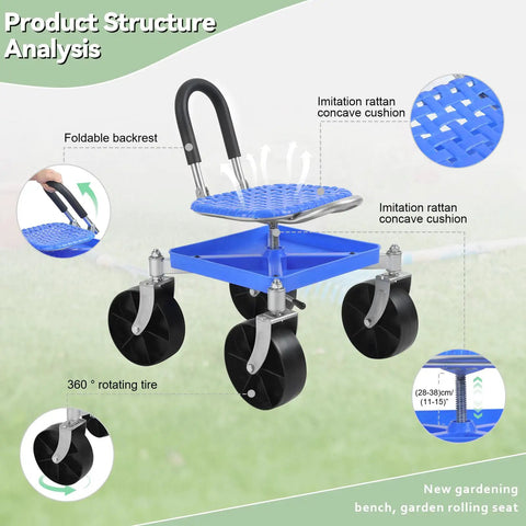Height Adjustable Gardening Rolling Seat With 360 Degree Swivel And Tool Tray Comfortable On Wheels Stool For Back Saving Work In The Garden Ideal For Gardeners And Seniors Blue, showing blue rattan seat, steel frame, and wheels.