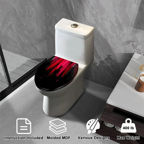 Elongated Toilet Seat Slow Close Bathroom Replacement in black and red design, fits standard toilet, molded MDF material, max weight 400 lbs.