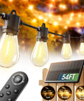54 Foot Solar String Lights With USB Charging And Remote Control Dimmable LED Bulbs illuminating a garden with remote and solar panel.