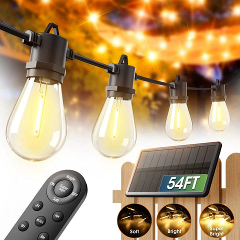 54 Foot Solar String Lights With USB Charging And Remote Control Dimmable LED Bulbs illuminating a garden with remote and solar panel.