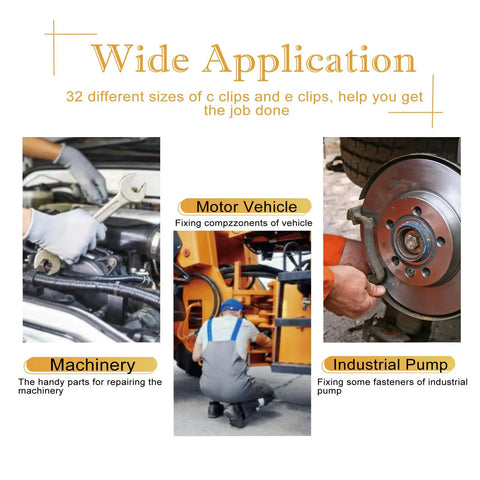 Heavy Duty C And E Clip Assortment Kit for auto, machinery, and industrial pump applications shown in use.