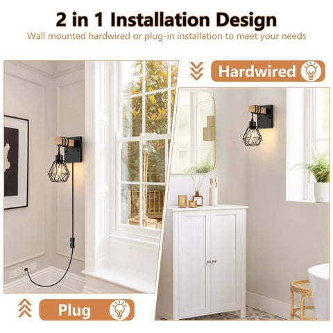 Killer Plug In Wall Sconces Set Of Two With Vintage Wood Accents And Matte Black Bases Serving Up Chill Farmhouse Vibes For Any Bedroom Or Living Room With Smooth Switch Cord Control display showing hardwired and plug-in options.