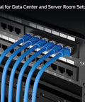 Beefy 48 Port Cat6 Patch Panel in rack, blue cables connected, for data center setups, supports 10 Gigabit Ethernet