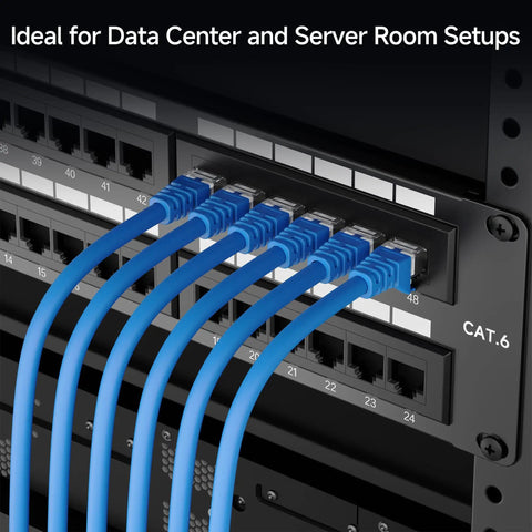 Beefy 48 Port Cat6 Patch Panel in rack, blue cables connected, for data center setups, supports 10 Gigabit Ethernet