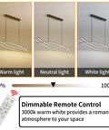 Lit Linear LED Pendant Light with dimmable stepless control, showing warm to white light, remote control included