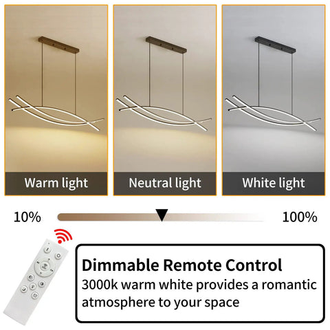 Lit Linear LED Pendant Light with dimmable stepless control, showing warm to white light, remote control included