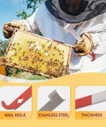 Beekeeping Hive Tools Set Pro Grade With Stainless Steel J Hook And L Hook shown with beekeeper lifting frame