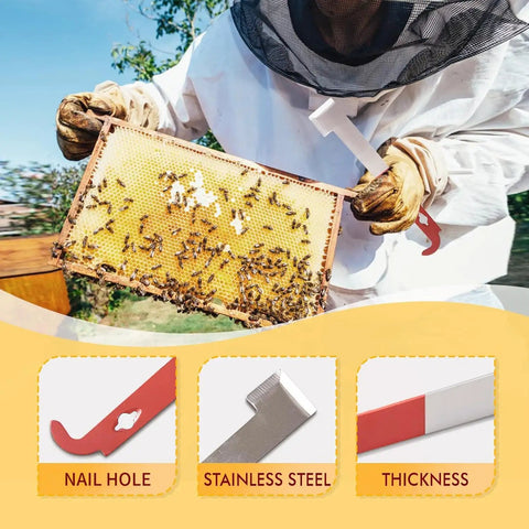 Beekeeping Hive Tools Set Pro Grade With Stainless Steel J Hook And L Hook shown with beekeeper lifting frame