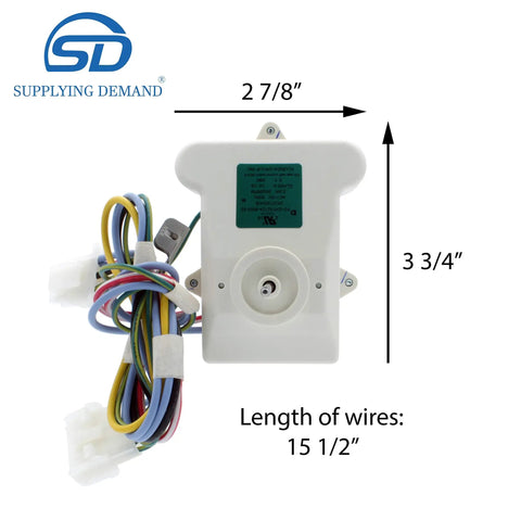 Refrigerator Evaporator Fan Motor Replacement 115V 60Hz 3.3W 2600 RPM with wiring, dimensions labeled, AP6041603 PS11775575.