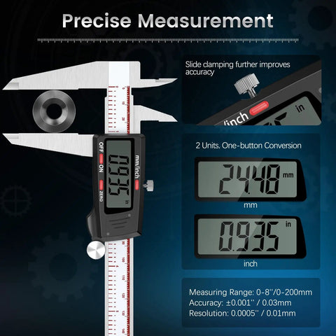 8 Inch Digital Caliper With Large LCD Screen, Stainless Steel Vernier Caliper For Inch And Millimeter, Four Measuring Modes, Auto Off, Waterproof Design, Easy Readout For DIY, Shop, And Professional Use