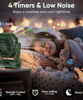 Sleeping child next to Must Have All In One Portable Fan With LED Lantern 20000mAh Battery Four Speeds Four Timers USB Power Bank.