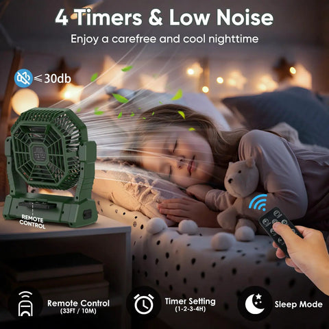 Sleeping child next to Must Have All In One Portable Fan With LED Lantern 20000mAh Battery Four Speeds Four Timers USB Power Bank.