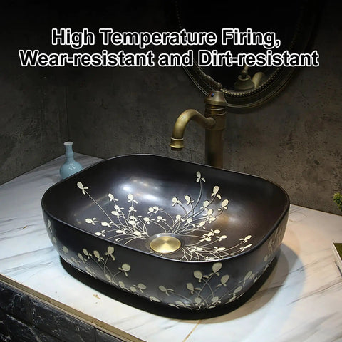 Ceramic Vintage Bathroom Vessel Sink, Handcrafted Art Countertop Vanity Basin for Home, B&B and Club Bathroom Decor (Small) with floral design