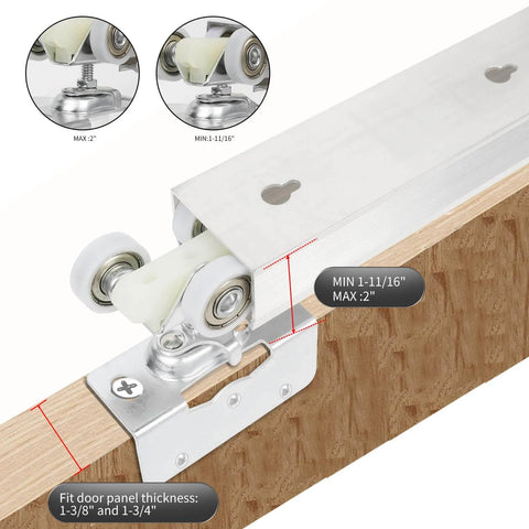 60 Inch Commercial Grade Aluminum Pocket Door Track Kit with Ceiling Mount Box Rail Sliding Hardware, close-up view of track and wheel hangers.