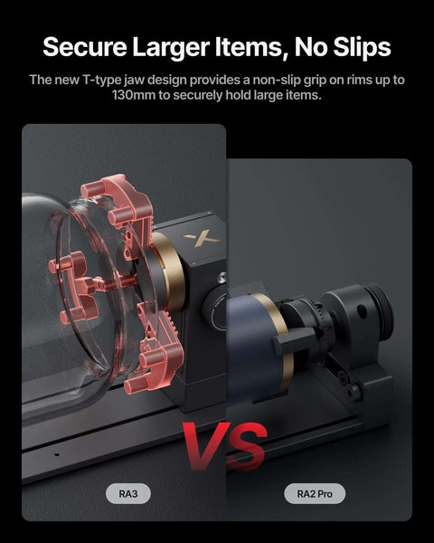 Split image: left shows xTool RA3 smart rotary with pink clamp on a laser engraver; right shows RA2 Pro rotary.
