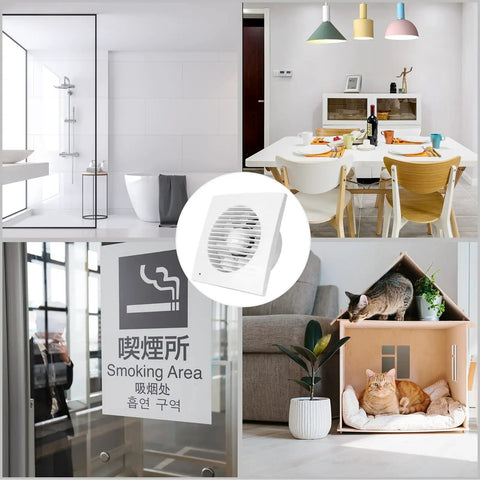 Collage featuring Go To Ultra Thin 4 Inch Exhaust Fan With Check Valve For Window Or Wall Mount, various indoor scenes
