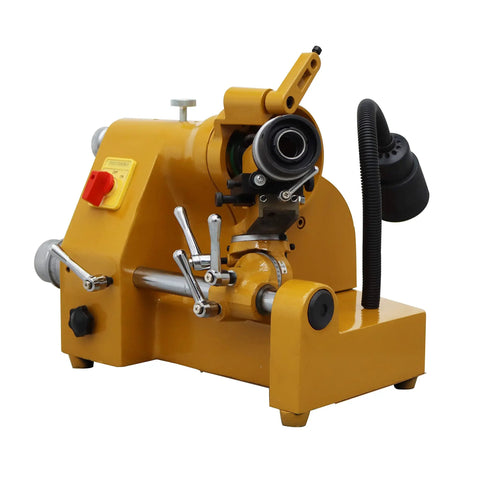 Boss Level Multi Functional Cutter Grinder Sharpener Bench Machine Drill Bit Refurbisher Plus Universal Hard Alloy Tool Grinding Kit, heavy-duty yellow grinder with adjustable head.