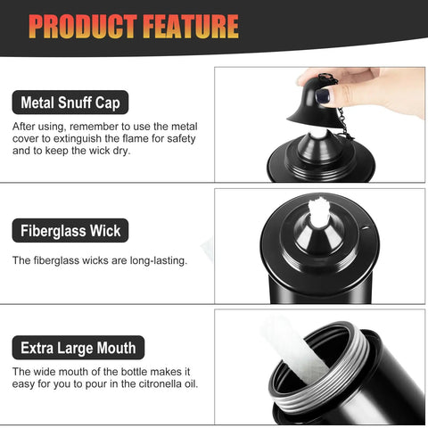 16 Ounce Torch Replacement Canisters for Refillable Bamboo Torch Fuel Citronella Tabletop Torches with snuff cap, fiberglass wick, and wide mouth.