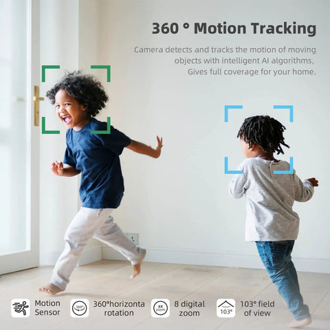 Children playing with Indoor Security Camera For Home 360 Degree 1080P WiFi Baby And Pet Monitor with motion tracking and phone app.