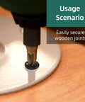 Top Shelf Black Serrated Self Drilling Screws Eight By One Inch installed on wood for securing joints with drill bit.