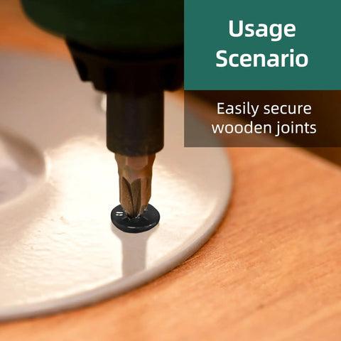 Top Shelf Black Serrated Self Drilling Screws Eight By One Inch installed on wood for securing joints with drill bit.