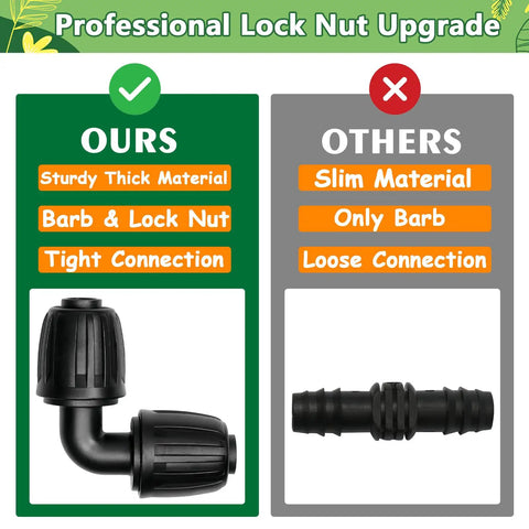 Comparison of Half Inch Drip Irrigation Elbow Fittings 13 Pack Barbed Elbow Connectors For One Half Inch Drip Tubing Anti Drop Lock Nut