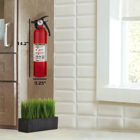 Get Your House Fortified With This Killer Set Of Seven Red Multipurpose Fire Extinguishers Rated 1-A 10-B-C Including A Sturdy Cleaning Cloth To Keep Your Gear Looking Sharp And Always Ready When You Need It Most, mounted red fire extinguisher, 14.2 inches tall, 3.25 inches wide, in home setting.