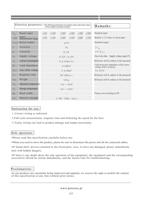 Heavy Duty High Voltage Sensor Module HV4825 Steps Down 50 To 500 Volts specification sheet with electrical parameters and safety info.