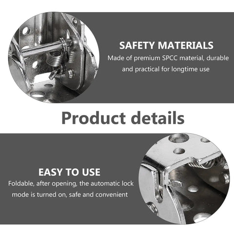 Close-up of Self Locking Folding Table Leg Hinges Set 2 With 90 Degree Rotation and 20 Screws, showing metal detail and text.