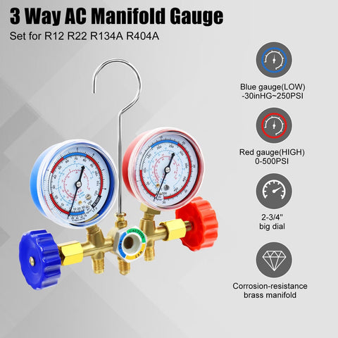 3 Way Car HVAC Manifold Gauge Set With Hoses And Quick Coupler Adapter For R134a R404a Refrigerant Charging Tool Kit