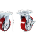 6 Inch Heavy Duty Caster Wheels Set Of 4 With 2 Rigid And 2 Swivel Casters And Side Brake Durable Polyurethane Wheels On Iron Core Plate