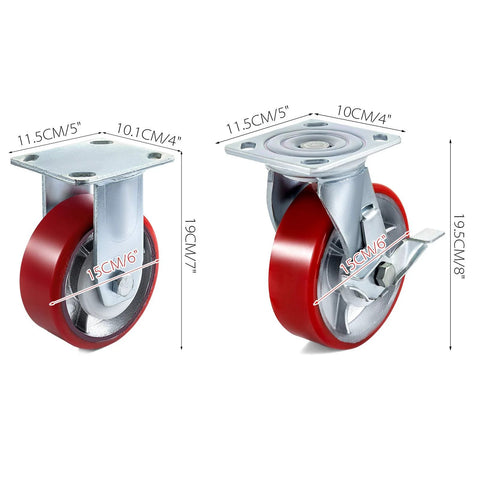 6 Inch Heavy Duty Caster Wheels Set Of 4 With 2 Rigid And 2 Swivel Casters And Side Brake Durable Polyurethane Wheels On Iron Core Plate