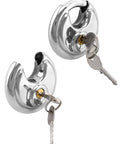 Two Beefy Heavy Duty Disc Locks with Three Eighths Inch Shackle, keys inserted, steel padlock for storage units, sheds, trailers.