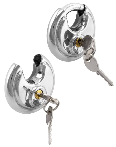Two Beefy Heavy Duty Disc Locks with Three Eighths Inch Shackle, keys inserted, steel padlock for storage units, sheds, trailers.