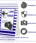 Front view of purple and white striped lens tissue box labeled LENS TISSUE with camera and microscope illustrations.