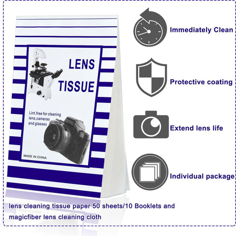 Front view of purple and white striped lens tissue box labeled LENS TISSUE with camera and microscope illustrations.