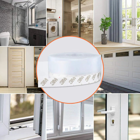 Collage of 26 Feet Silicone Door Seal Strip For Doors And Windows Weather Stripping Tape Draft Stopper Adhesive Seal Transparent Flexible Sealant For Shower Glass Gaps Window Frame And Door Seal Reduces Drafts Easy Peel And Stick shown with various windows and doors.