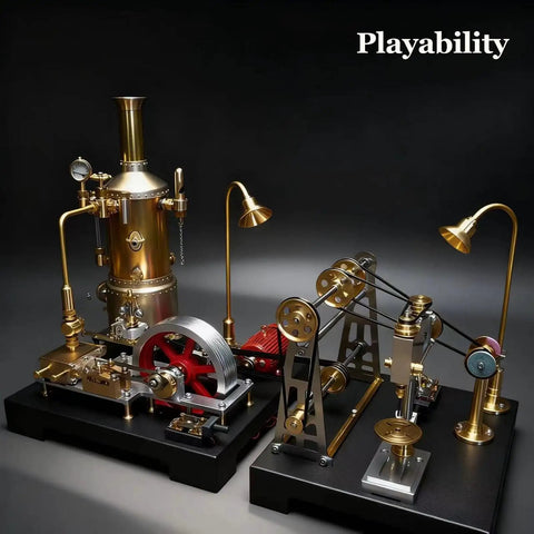 Totally Hands On Mini Steam Engine Kit With Full Boiler System, Generator And Lighting, A Realistic Metal Stationary Mill Model For DIY Engineers, Adults, And Collectors Who Love Vintage Industrial Tech; brass model with lamp