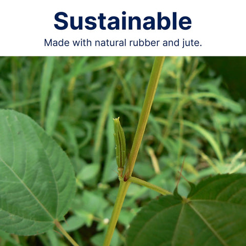 Close-up of green plant with text highlighting natural rubber and jute for Nature's Grip Stays Put Non Slip Rug Pad 2x6 Feet 1/16 Inch Thick Rubber.