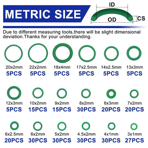 All In One 612 Piece Automotive O Ring Kit For Air Conditioning And Plumbing With 36 SAE And Metric Sizes Includes diagram of metric O-ring sizes.